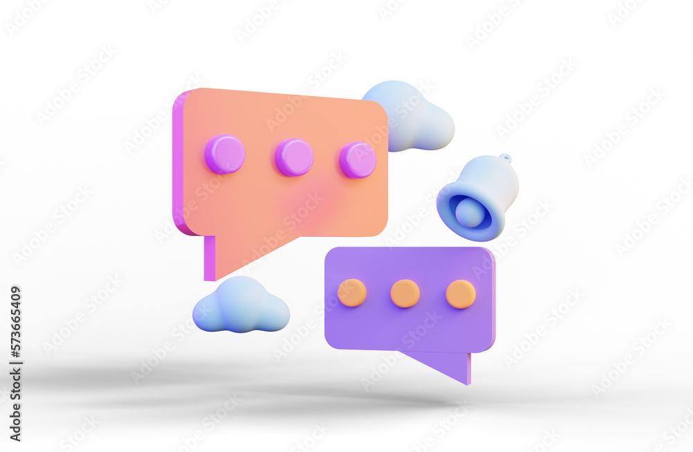 Poster message chat sign with notification bell and cloud on white background 3d render concept