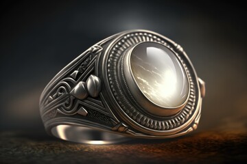 ancient silver ring with a glowing white moonstone AI generation. - obrazy, fototapety, plakaty