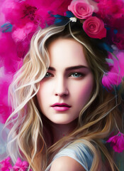 Naklejka premium Portrait painting of a beautiful woman. Illustration of a beautiful girl, Beautiful woman painting.