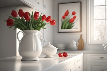 Red tulips in a vase in a modern white kitchen, generative AI