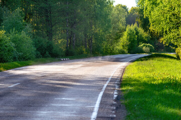 Obraz premium View of the curve asphalt road in spring in nature. Blossom time in natural park. Empty highway.