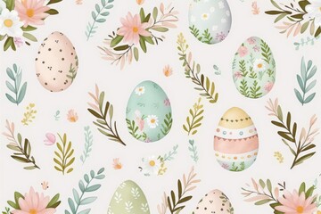 Seamless Easter Egg Pattern in Pastel Colours - Minimalist Leaf Background Design Generative AI Illustration