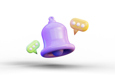 notifications bell with message chat sign on white background 3d render concept
