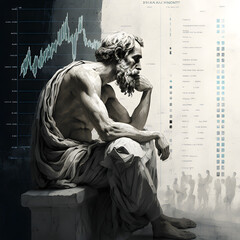 Ancient Greek thinker in front of trading chart, thinking of investing in stocks. Concept of smart investment  - obrazy, fototapety, plakaty