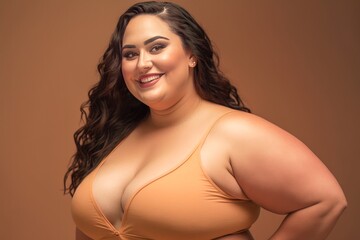 Curvy smiling caucasian woman fashion portrait. Beautiful plus size chubby woman portrait. Brunette long haired young model and perfect toothy smile - obrazy, fototapety, plakaty