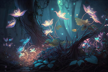 Obraz na płótnie Canvas misty magical fantasy forest background with glowing butterflies, generative ai