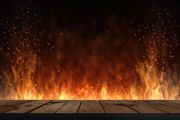 empty wooden desk for product presentation with fire flames background, generative ai
