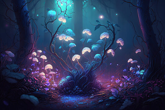 misty magical fantasy forest background with glowing  butterflies, generative ai