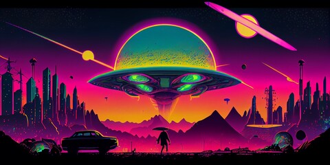 Psychedelic trippy alien cartoon 70s, rave style, acid color. Retrowave concept. AI Generative
