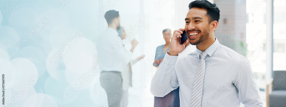 Poster businessman, communication and phone call with mobile networking at financial advisory startup compa