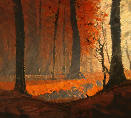 Digital painting of park view. Autumn landscape. 2d illustration.