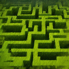 Labyrinth digital painting. Green maze concept art. 2d illustration.