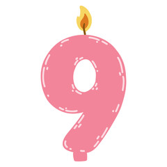 Candle number nine in flat style. Hand drawn vector illustration of 9 symbol burning candle, design element for birthday cakes