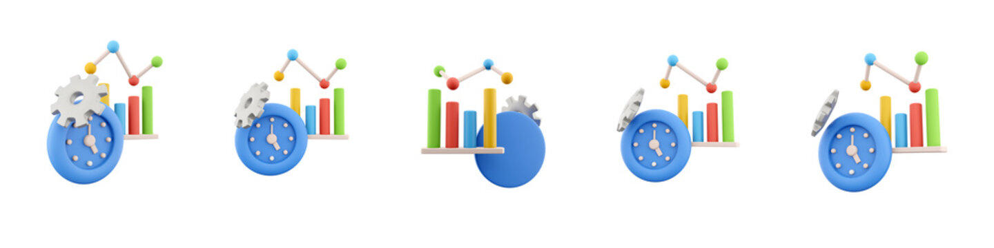 3d Rendering Blue Alarm Clock With With Histogram And A Gear On Top Icon Set. 3d Render Clock With A Time Limit To Reach The Goal And A Bar Graph Showing The Result Different Positions Icon Set.