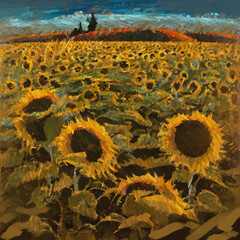 Sunflower field. Sunny summer day in rural district. 2d illustration.
