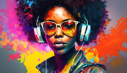 portrait of a beautiful african american woman with headphones and afro hair on a colorful abstract background, generative ai