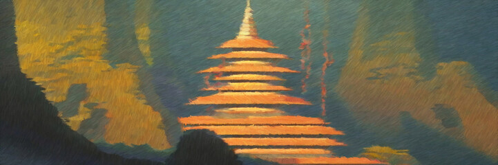 Chinese pagoda temple digital painting concept art. 2d illustration.