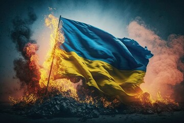 War in Ukraine. Burning Ukrainian flag. Dark solid background