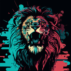 Colorful angry lion pop art vector illustration