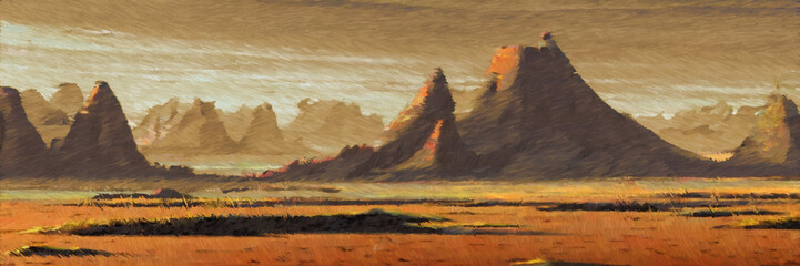 Alien planet landscape. Digital painting concept art. 2d illustration.