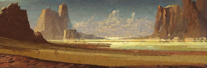 Futuristic imaginary landscape digital painting. Paintery, unfinished, cgi brush style. 2d illustration.