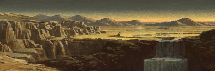 Alien world concept art. Digitally painted landscape. 2d illustration.
