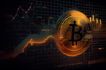 Bitcoin crypto currency on digital graphic background, conceptual, generative ai