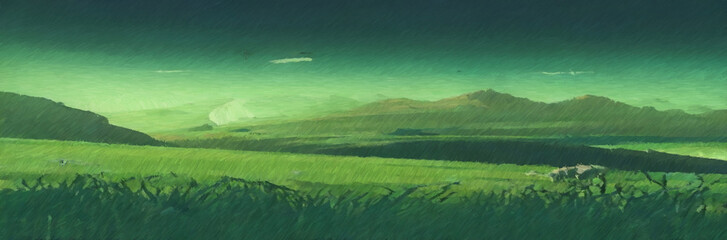 Green alpian landscape digital painting. Paintery, unfinished, cgi brush style. 2d illustration.