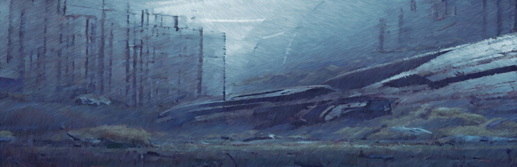 Abandoned futuristic city in ruins. Time after humans. World without people. 2d illustration.