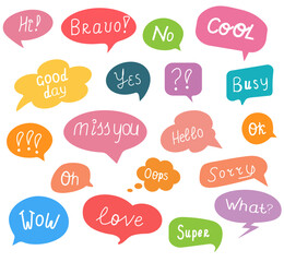 Doodle speech bubbles. Colorful conversation clouds with small talk phrases. Short messages for communication or discussion. Hand wright words. Speech bubbles vector symbols set.
