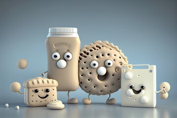 Cute Cartoon Biscuits and Gravy Characters 3D Illustration. Created with Generative AI Technology