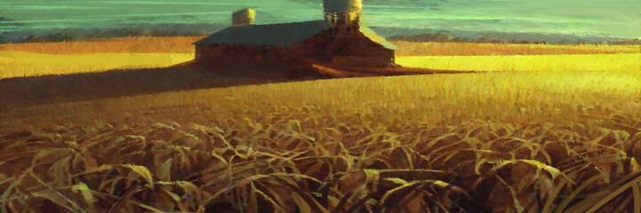 Wheat field. Farmland. Rural district. 2d illustration. Digital painting made with wide brush.