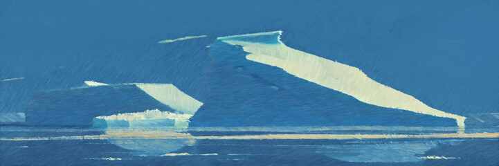 Antarctica scenery and floating icebergs. Digital painting using wide brush. 2d illustration.