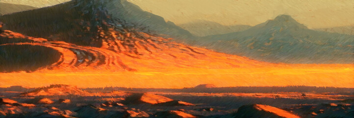 Primordial Earth landscape digital painting. Paintery, unfinished, cgi brush style. 2d illustration.