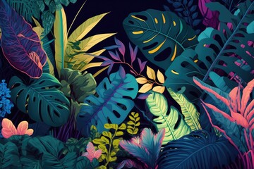 Fototapeta na wymiar Illustration of a lush jungle with a black background, tropical plants created with generative AI technology