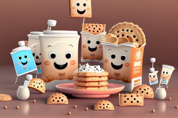 Cute Cartoon Biscuits and Gravy Characters 3D Illustration. Created with Generative AI Technology