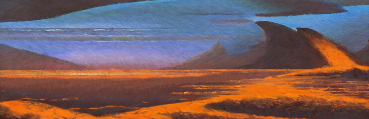 Fototapeta na wymiar Primordial Earth landscape digital painting. Paintery, unfinished, cgi brush style. 2d illustration.