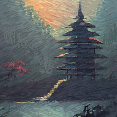 Chinese pagoda temple digital painting concept art. 2d illustration.