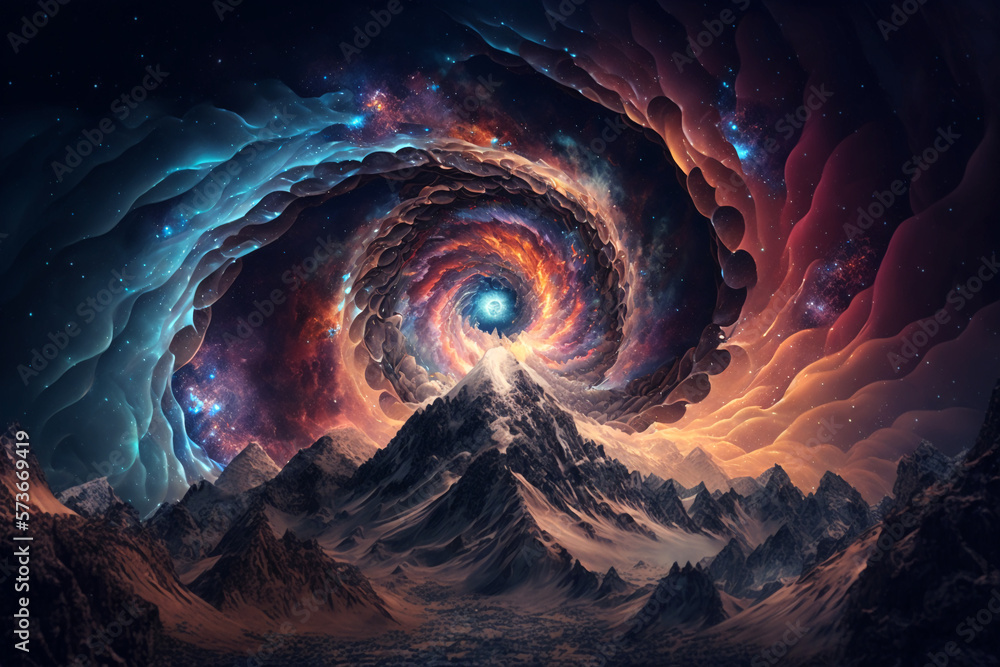 Wall mural a portal to another dimension above mountains