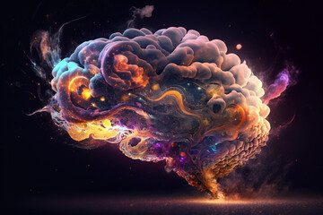 An abstract concept of a colorful brain exploding with ideas