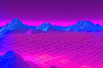 80s synthwave styled landscape, retrowave wireframe mountains, neon lines over arcade space planet canyon. Generative AI