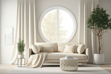 Modern sofa with bright windows and houseplants, Generative AI