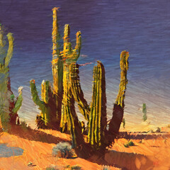 Cactus at the dry desert 2d illustration.
