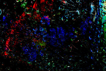 Space abstraction. Dark spheres are illuminated by flashes of cyan light and are located against a black background. 3D render.