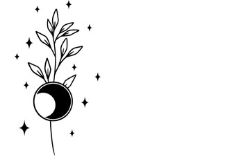 Minimalistic flowers with moon. Vector line art