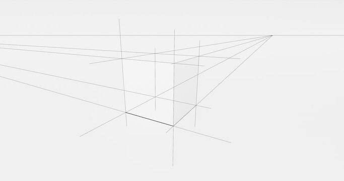 White cube on a white background. Building perspective lines. building shadows. Basic Concepts of Descriptive Geometry