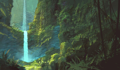 Dense jungle waterfall digital painting. Paintery, unfinished, cgi brush style. 2d illustration.