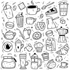 Big set of doodle coffee items as coffee makers, cups, bakery, milk. Hand drawn icons