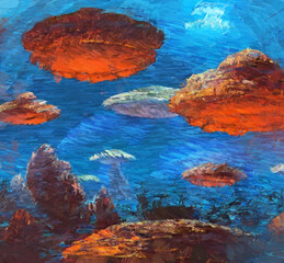 Fototapeta na wymiar Underwater coral reef digital painting concept art. 2d illustration