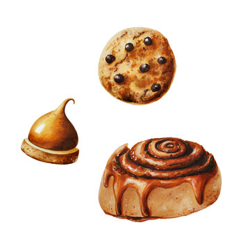 Watercolor composition with cinnamon bun, orange souffl, chocolate cookie. Hand painting sweet crunchy cookies on a white isolated background. For designers, menu, shop, bar, bistro, restaurant, for